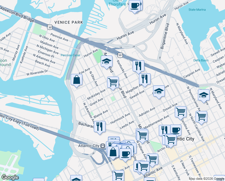 map of restaurants, bars, coffee shops, grocery stores, and more near 811 North Indiana Avenue in Atlantic City