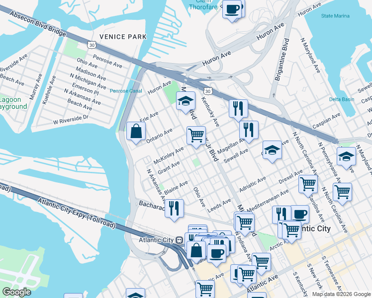 map of restaurants, bars, coffee shops, grocery stores, and more near 811 North Indiana Avenue in Atlantic City
