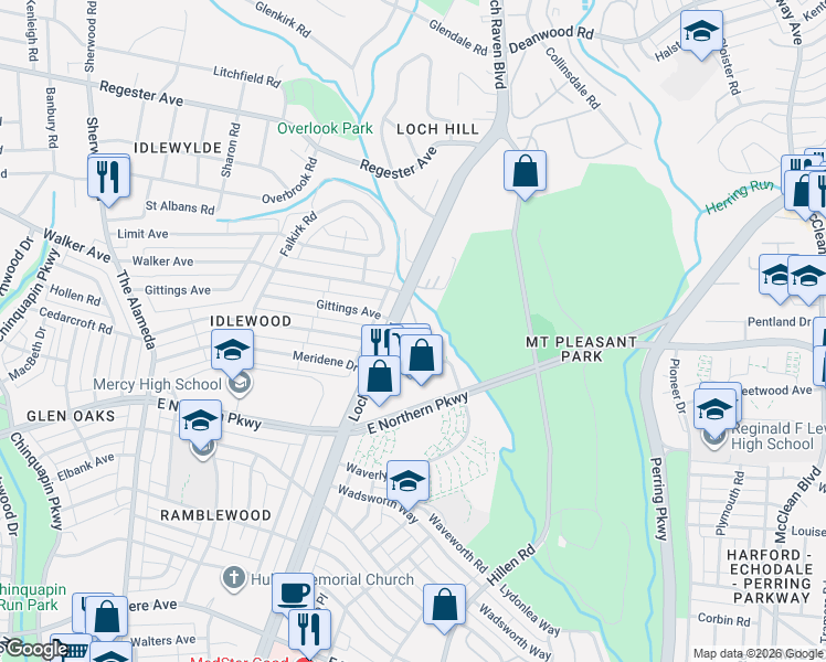 map of restaurants, bars, coffee shops, grocery stores, and more near 5601 Loch Raven Boulevard in Baltimore