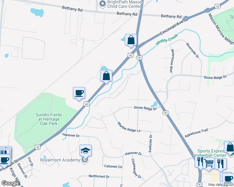 map of restaurants, bars, coffee shops, grocery stores, and more near 4165 Spyglass Hill in Mason