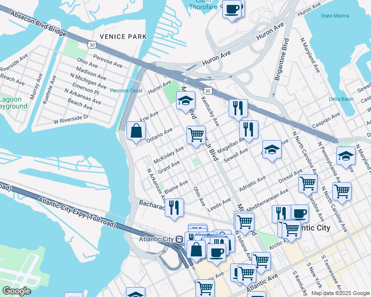 map of restaurants, bars, coffee shops, grocery stores, and more near 811 North Indiana Avenue in Atlantic City