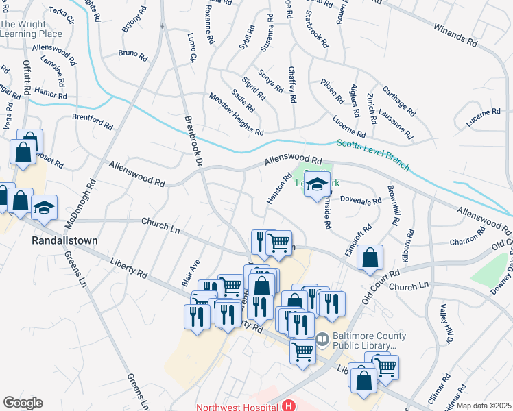 map of restaurants, bars, coffee shops, grocery stores, and more near 8704 Stephanie Road in Randallstown