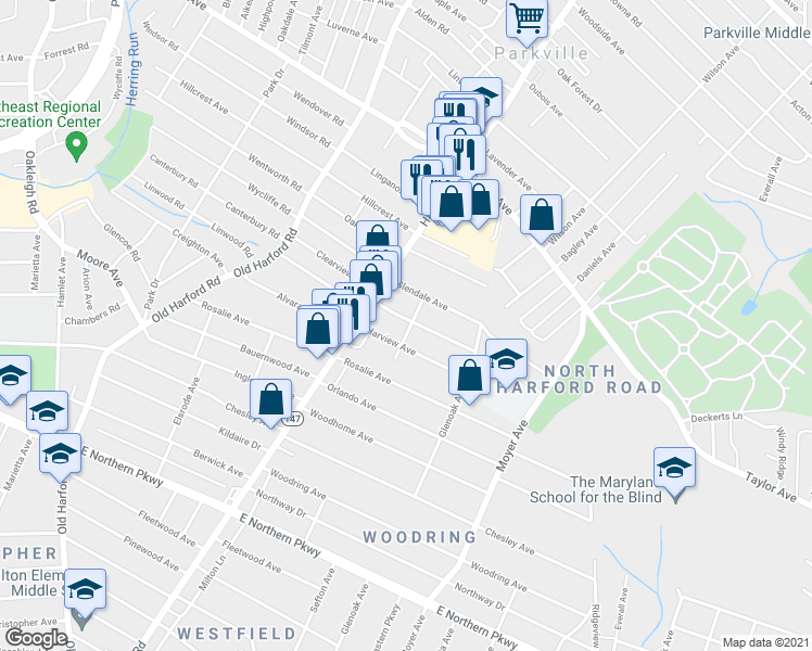 map of restaurants, bars, coffee shops, grocery stores, and more near 3013 Clearview Avenue in Baltimore