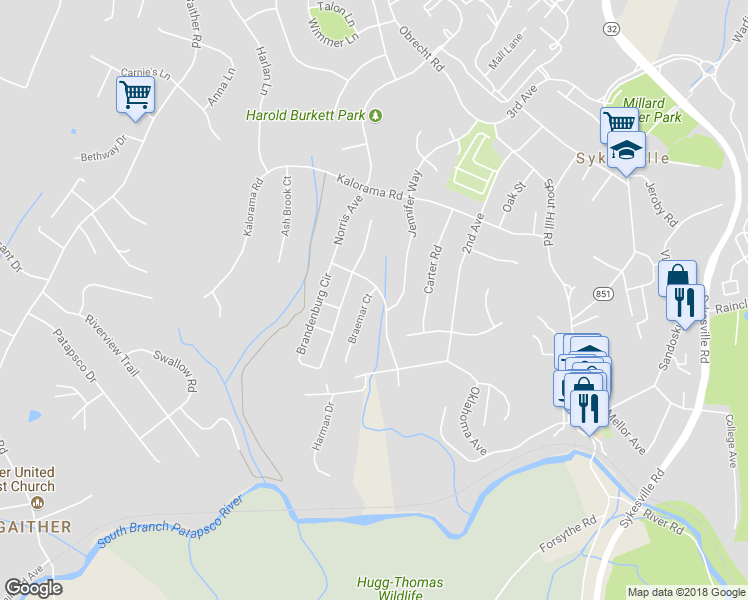 map of restaurants, bars, coffee shops, grocery stores, and more near 7503 Braemar Court in Sykesville