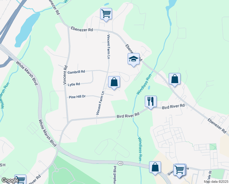 map of restaurants, bars, coffee shops, grocery stores, and more near 10403 Vincent Farm Lane in White Marsh