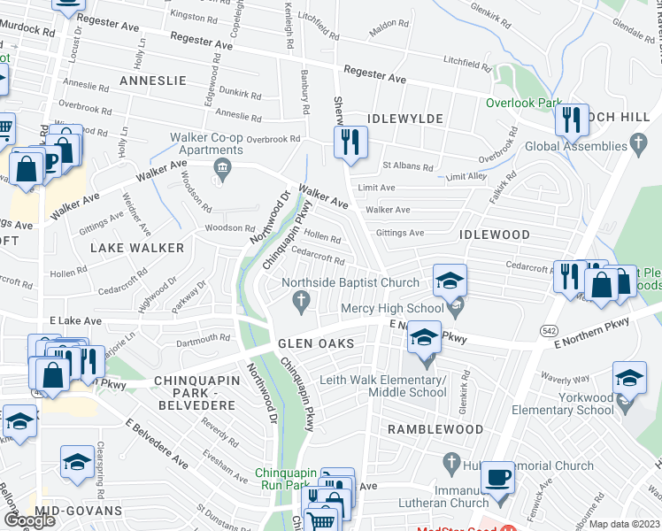 map of restaurants, bars, coffee shops, grocery stores, and more near 6153 Dunroming Road in Baltimore