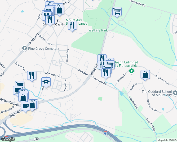 map of restaurants, bars, coffee shops, grocery stores, and more near 505 Windy Knoll Drive in Mount Airy