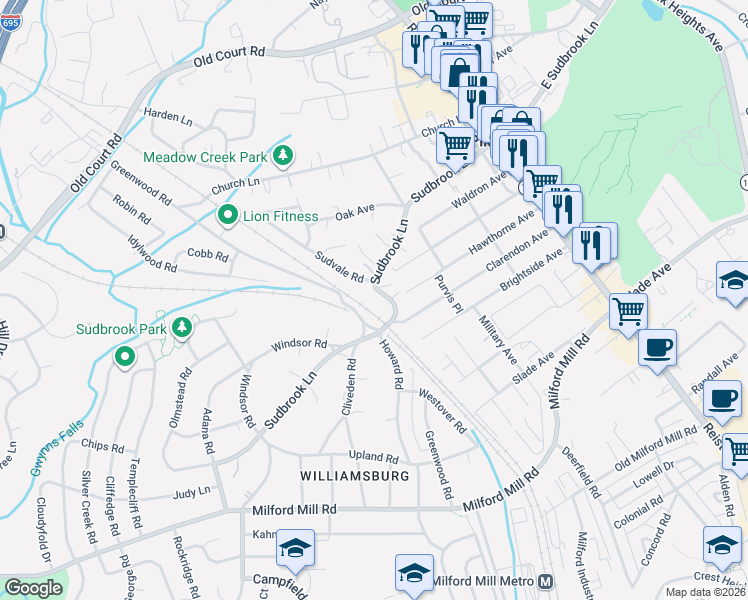 map of restaurants, bars, coffee shops, grocery stores, and more near 226 Sudbrook Lane in Pikesville