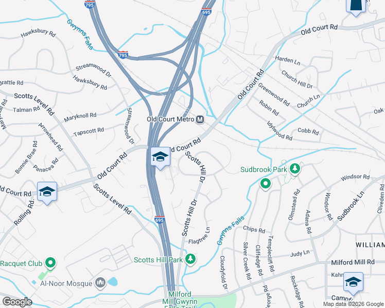 map of restaurants, bars, coffee shops, grocery stores, and more near 1113 Scotts Hill Drive in Pikesville
