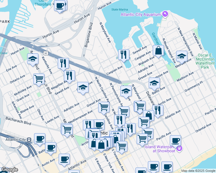 map of restaurants, bars, coffee shops, grocery stores, and more near 1117 Adriatic Avenue in Atlantic City