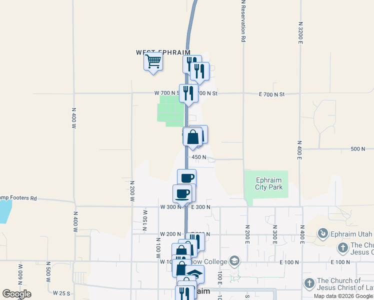 map of restaurants, bars, coffee shops, grocery stores, and more near 540 North Main Street in Ephraim