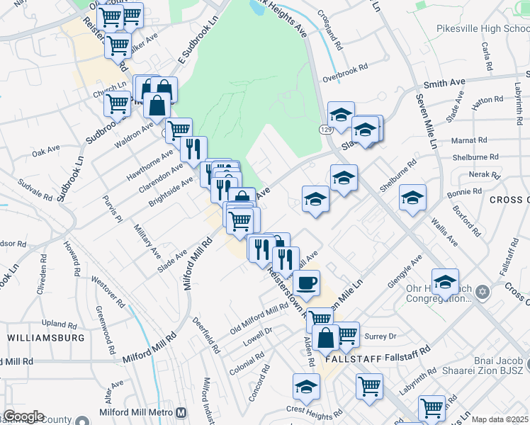 map of restaurants, bars, coffee shops, grocery stores, and more near 11 Slade Avenue in Pikesville