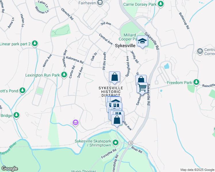 map of restaurants, bars, coffee shops, grocery stores, and more near 7436 Spout Hill Road in Sykesville