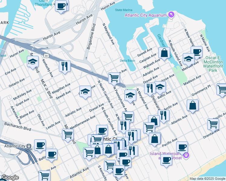 map of restaurants, bars, coffee shops, grocery stores, and more near 1117 Adriatic Avenue in Atlantic City