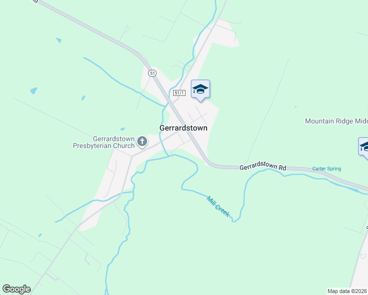 map of restaurants, bars, coffee shops, grocery stores, and more near 57 Baptist Church Alley in Gerrardstown