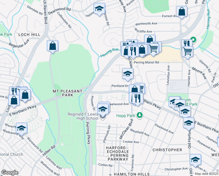 map of restaurants, bars, coffee shops, grocery stores, and more near 2179 Pentland Drive in Baltimore