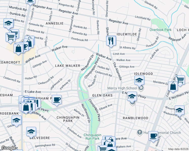 map of restaurants, bars, coffee shops, grocery stores, and more near 6136 Macbeth Drive in Baltimore