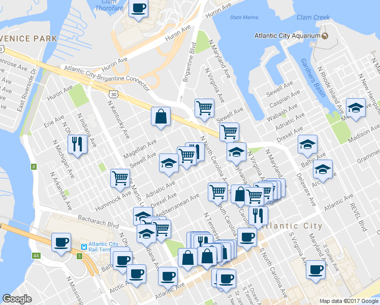 map of restaurants, bars, coffee shops, grocery stores, and more near 410 North South Carolina Avenue in Atlantic City