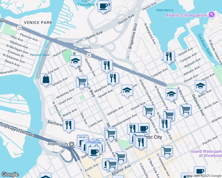 map of restaurants, bars, coffee shops, grocery stores, and more near 638 North New York Avenue in Atlantic City