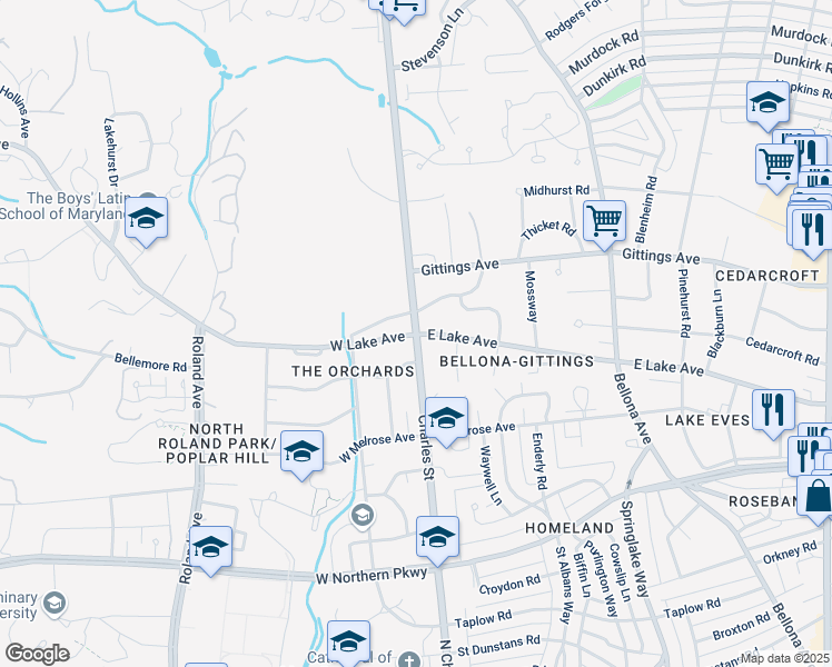 map of restaurants, bars, coffee shops, grocery stores, and more near N Charles St & E Lake Ave in Baltimore