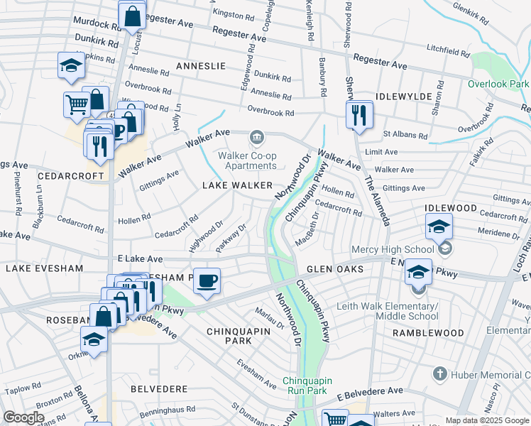 map of restaurants, bars, coffee shops, grocery stores, and more near 6128 Northwood Drive in Baltimore