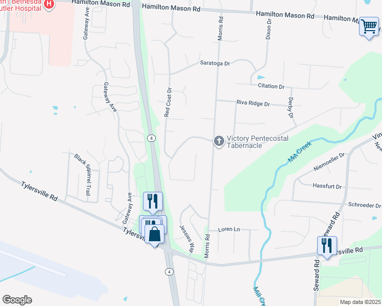map of restaurants, bars, coffee shops, grocery stores, and more near 7695 Chelsea Ct in Hamilton