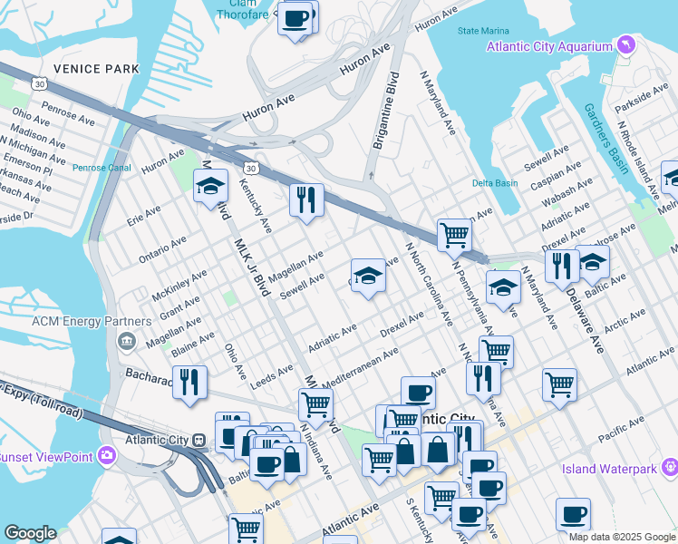 map of restaurants, bars, coffee shops, grocery stores, and more near 1426 Sewell Avenue in Atlantic City