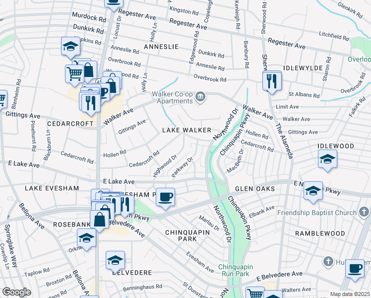 map of restaurants, bars, coffee shops, grocery stores, and more near 729 Highwood Drive in Baltimore
