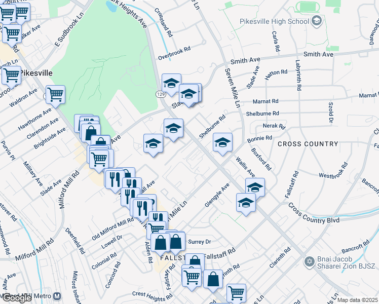 map of restaurants, bars, coffee shops, grocery stores, and more near 7240 Park Heights Avenue in Baltimore