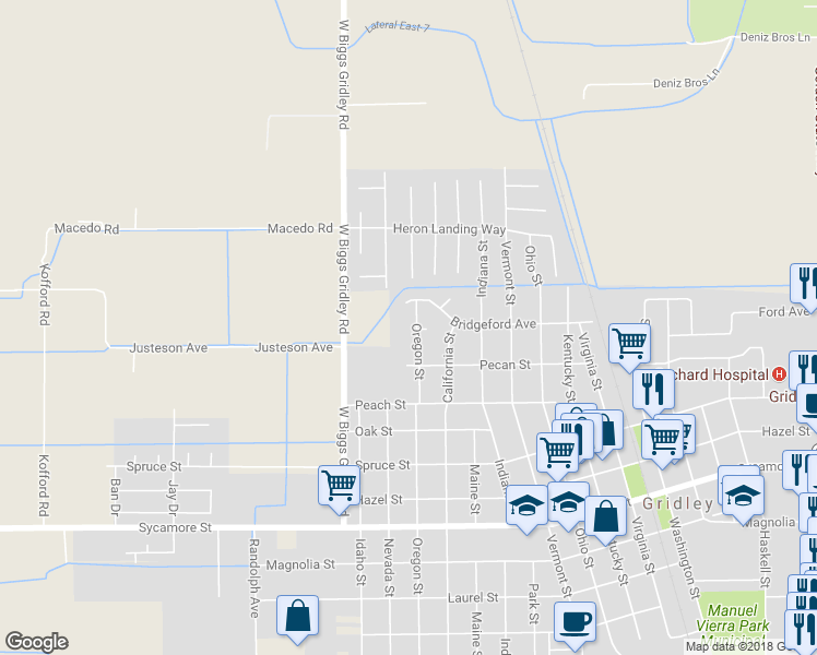 map of restaurants, bars, coffee shops, grocery stores, and more near 1141 Oregon Street in Gridley