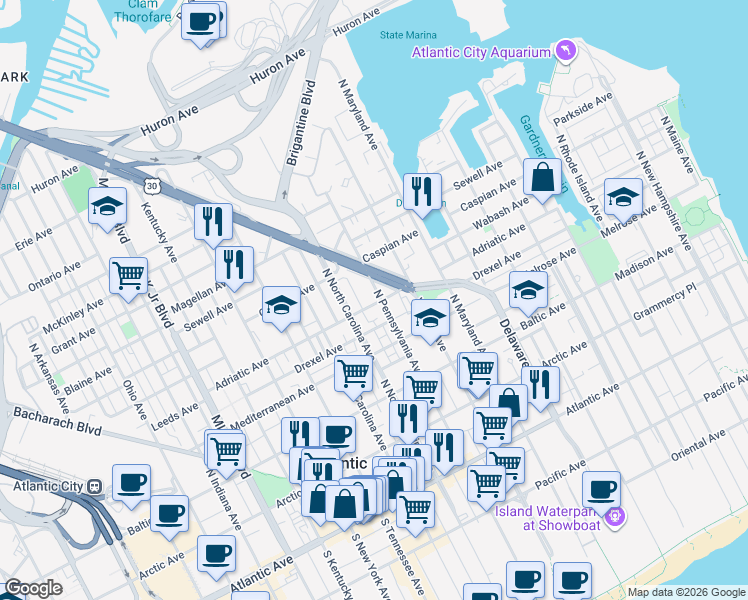 map of restaurants, bars, coffee shops, grocery stores, and more near 1117 Adriatic Avenue in Atlantic City