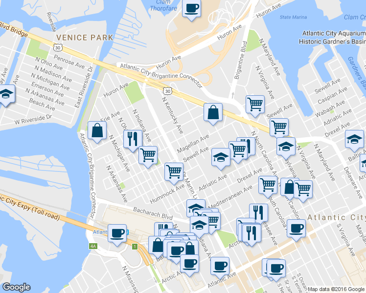 map of restaurants, bars, coffee shops, grocery stores, and more near 660 North Kentucky Avenue in Atlantic City