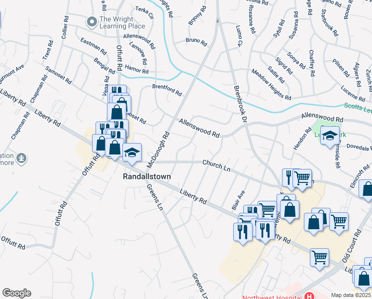 map of restaurants, bars, coffee shops, grocery stores, and more near 3709 Fieldstone Road in Randallstown