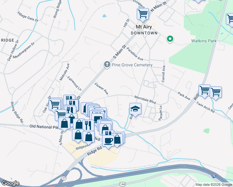 map of restaurants, bars, coffee shops, grocery stores, and more near 921 Merridale Boulevard in Mount Airy