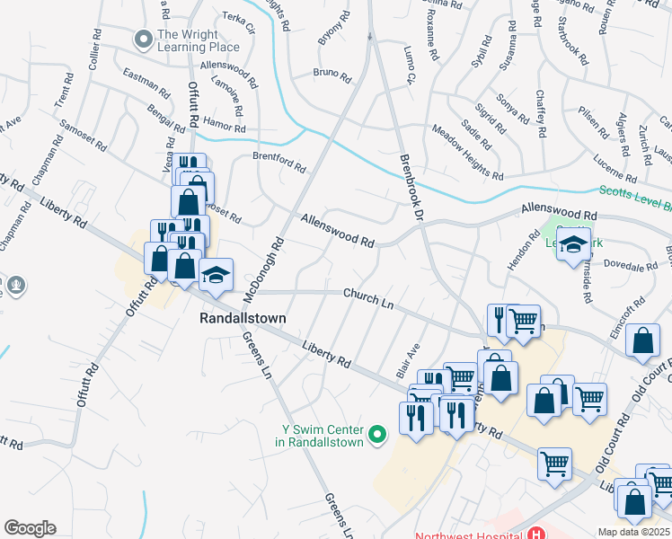 map of restaurants, bars, coffee shops, grocery stores, and more near 8908A Church Lane in Randallstown