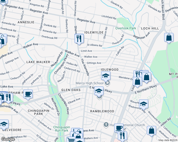 map of restaurants, bars, coffee shops, grocery stores, and more near 1204 Cedarcroft Road in Baltimore