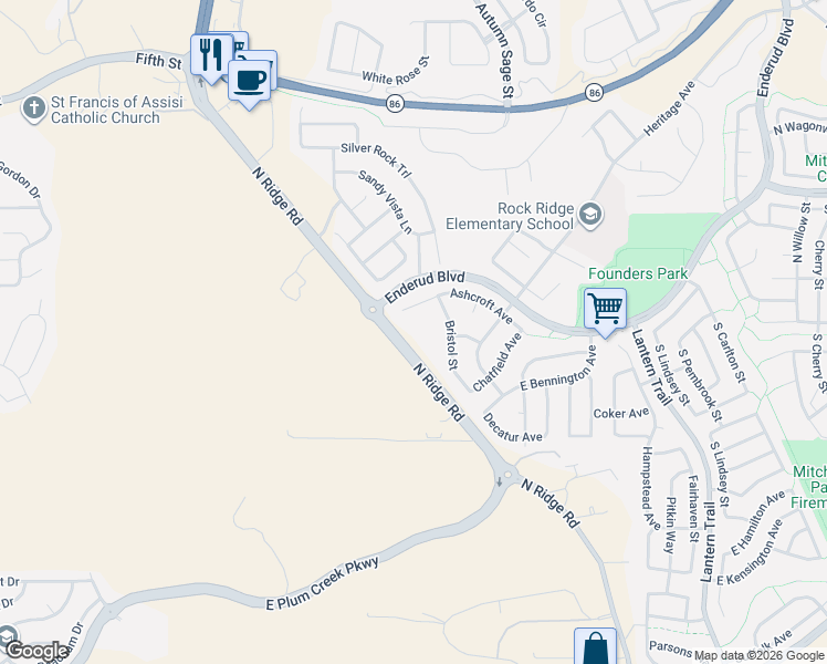 map of restaurants, bars, coffee shops, grocery stores, and more near 468 South Ridge Road in Castle Rock