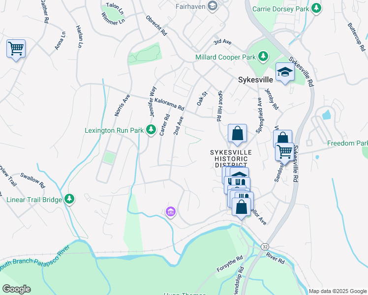 map of restaurants, bars, coffee shops, grocery stores, and more near 7488 Windswept Court in Sykesville