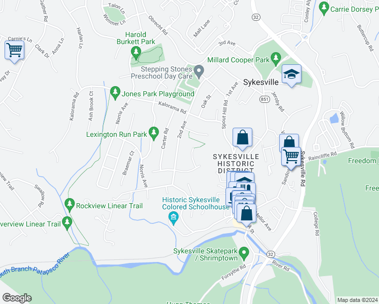 map of restaurants, bars, coffee shops, grocery stores, and more near 7488 Windswept Court in Sykesville