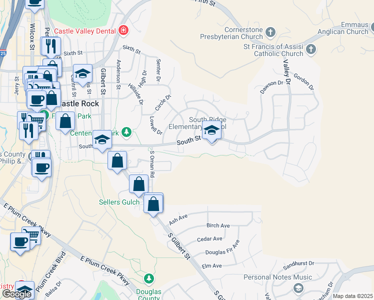 map of restaurants, bars, coffee shops, grocery stores, and more near 1094 South Street in Castle Rock