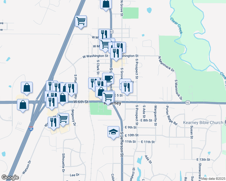 map of restaurants, bars, coffee shops, grocery stores, and more near 403 South Jefferson Street in Kearney