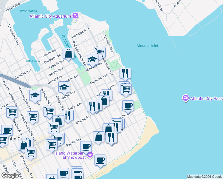 map of restaurants, bars, coffee shops, grocery stores, and more near 210 Grammercy Place in Atlantic City