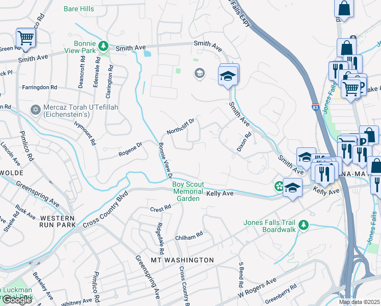 map of restaurants, bars, coffee shops, grocery stores, and more near 6004 Ivydene Terrace in Baltimore