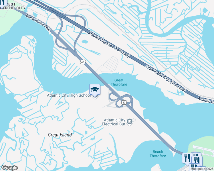 map of restaurants, bars, coffee shops, grocery stores, and more near Black Horse Pike in Atlantic City