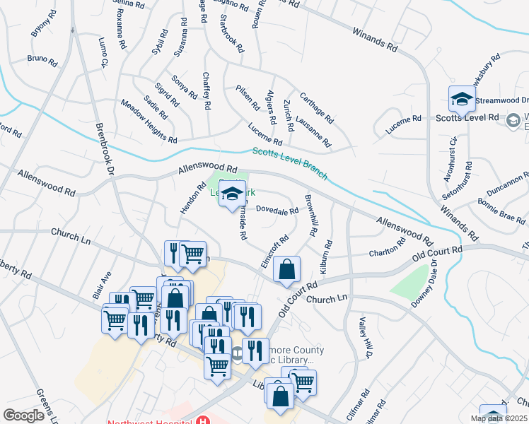 map of restaurants, bars, coffee shops, grocery stores, and more near 8617 Dovedale Road in Randallstown
