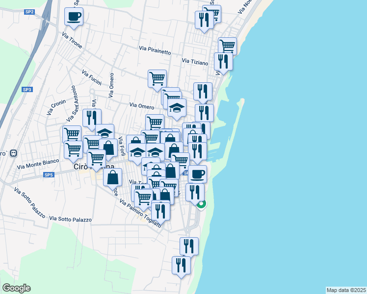 map of restaurants, bars, coffee shops, grocery stores, and more near 2 Via Arezzo in Cirò Marina