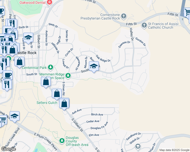 map of restaurants, bars, coffee shops, grocery stores, and more near 1100 South Street in Castle Rock