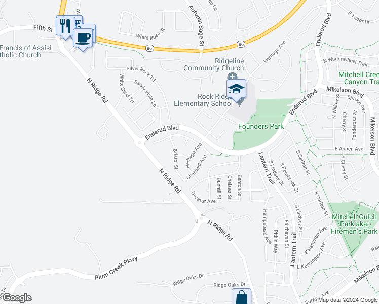 map of restaurants, bars, coffee shops, grocery stores, and more near 53 Heritage Avenue in Castle Rock