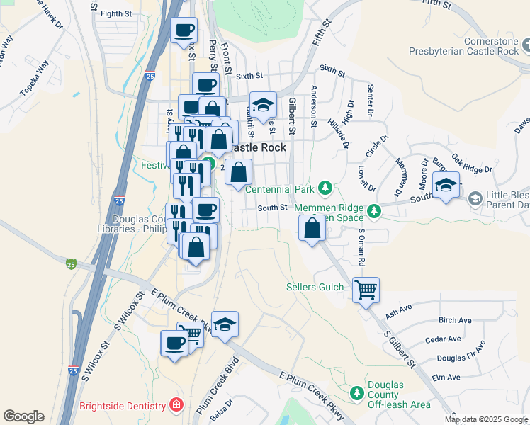map of restaurants, bars, coffee shops, grocery stores, and more near 632 South Street in Castle Rock