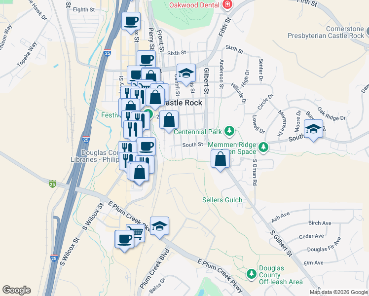 map of restaurants, bars, coffee shops, grocery stores, and more near in Castle Rock